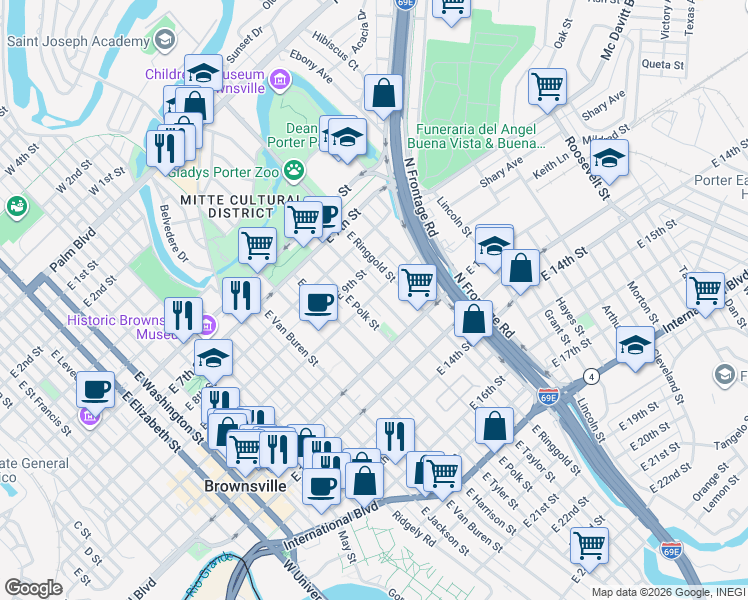 map of restaurants, bars, coffee shops, grocery stores, and more near 926 E Taylor St in Brownsville