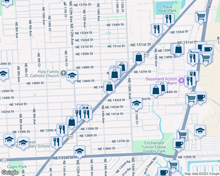 map of restaurants, bars, coffee shops, grocery stores, and more near 1453 Northeast 145th Street in North Miami