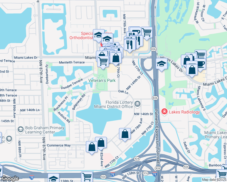 map of restaurants, bars, coffee shops, grocery stores, and more near Oak Lane in Miami Lakes