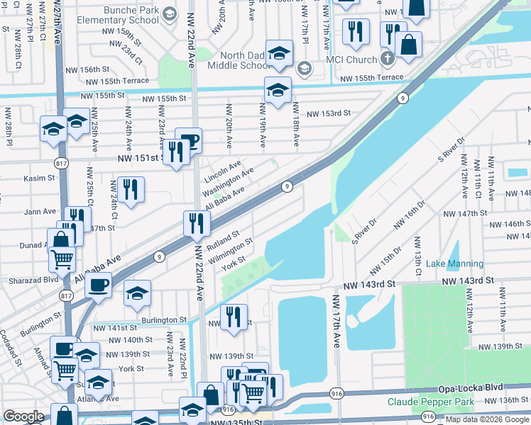 map of restaurants, bars, coffee shops, grocery stores, and more near 1940 Service Road in Opa-locka