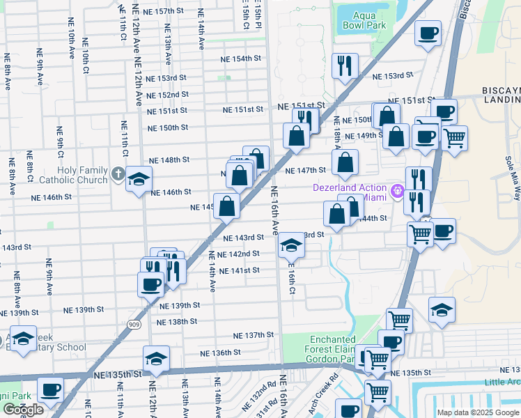 map of restaurants, bars, coffee shops, grocery stores, and more near 1595 Northeast 145th Street in Miami