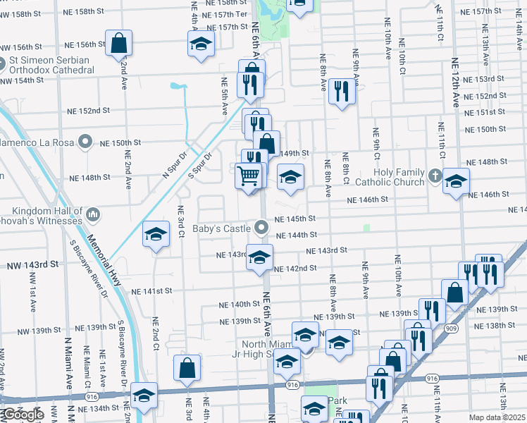 map of restaurants, bars, coffee shops, grocery stores, and more near 14565 Florida 915 in North Miami
