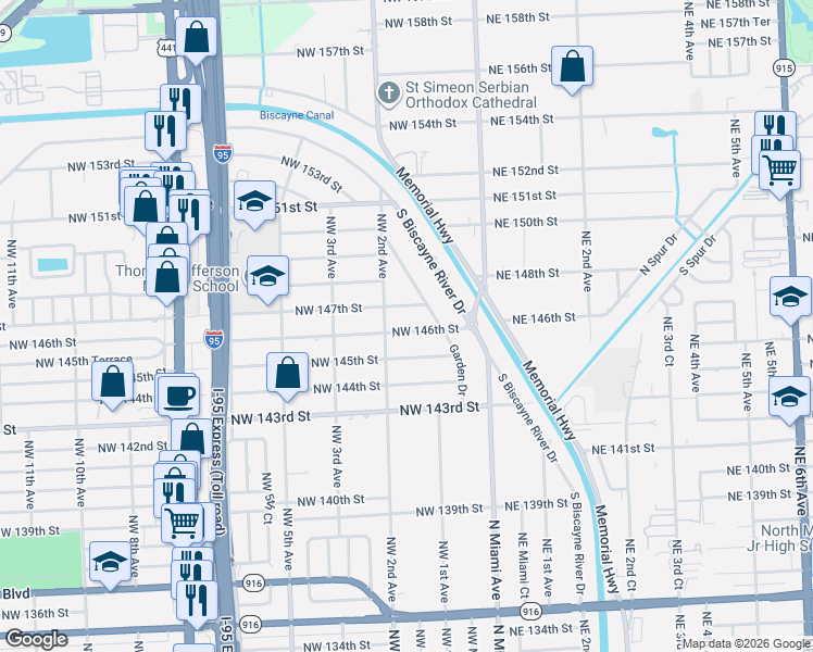 map of restaurants, bars, coffee shops, grocery stores, and more near 14630 Garden Drive in Miami