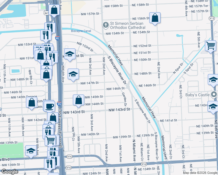 map of restaurants, bars, coffee shops, grocery stores, and more near 186 Northwest 147th Street in Miami