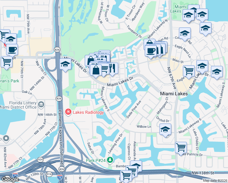 map of restaurants, bars, coffee shops, grocery stores, and more near 7203 Jacaranda Lane in Hialeah