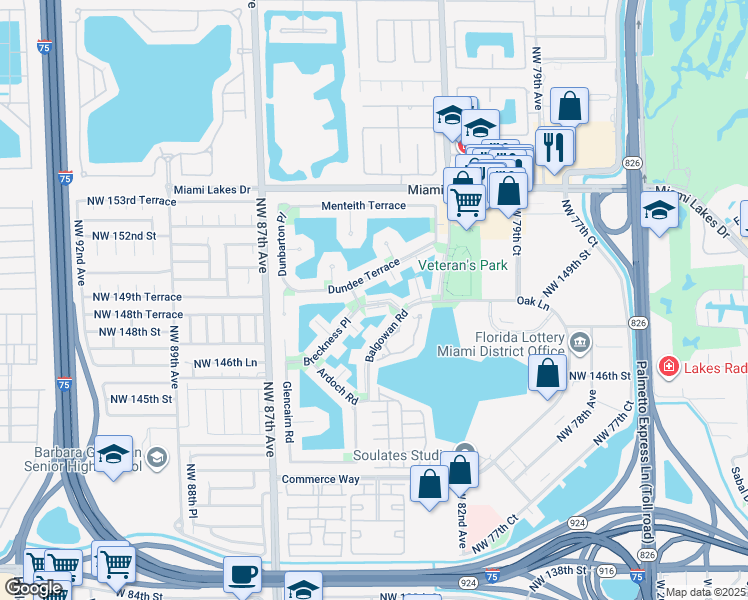 map of restaurants, bars, coffee shops, grocery stores, and more near 8350 Dundee Terrace in Miami Lakes