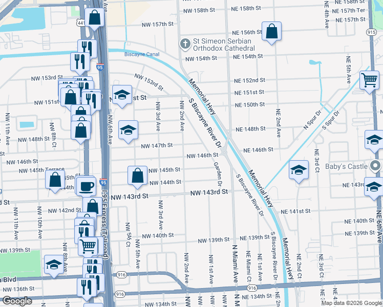 map of restaurants, bars, coffee shops, grocery stores, and more near 186 Northwest 147th Street in Miami