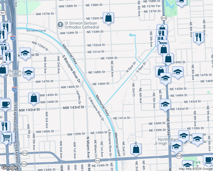 map of restaurants, bars, coffee shops, grocery stores, and more near 155 Northeast 146th Street in Miami