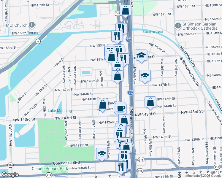 map of restaurants, bars, coffee shops, grocery stores, and more near 731 Northwest 147th Street in Miami