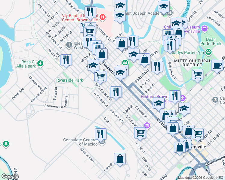 map of restaurants, bars, coffee shops, grocery stores, and more near 147 West Levee Street in Brownsville