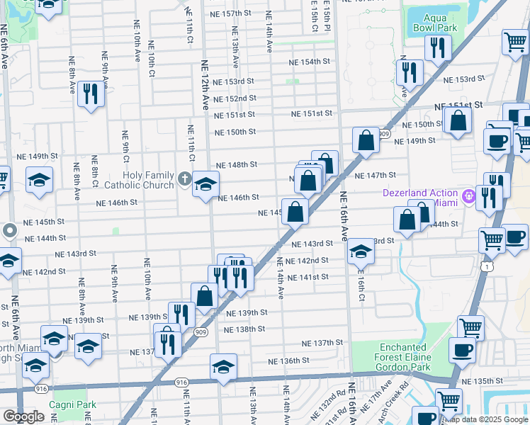 map of restaurants, bars, coffee shops, grocery stores, and more near 1361 Northeast 145th Street in Miami