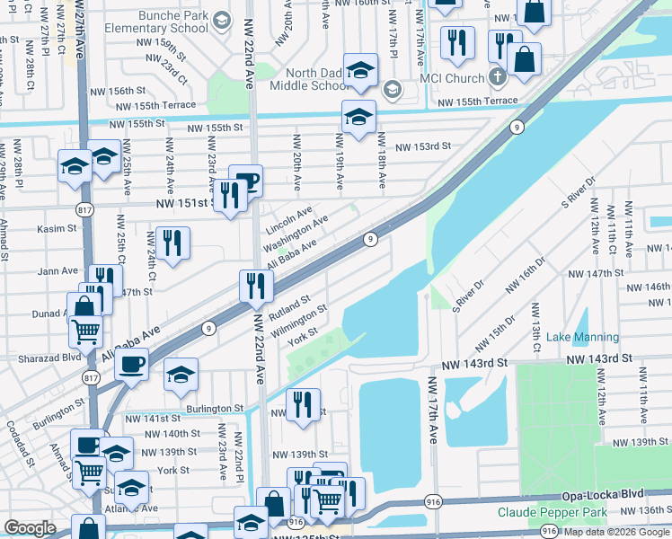 map of restaurants, bars, coffee shops, grocery stores, and more near 1940 Service Road in Opa-locka