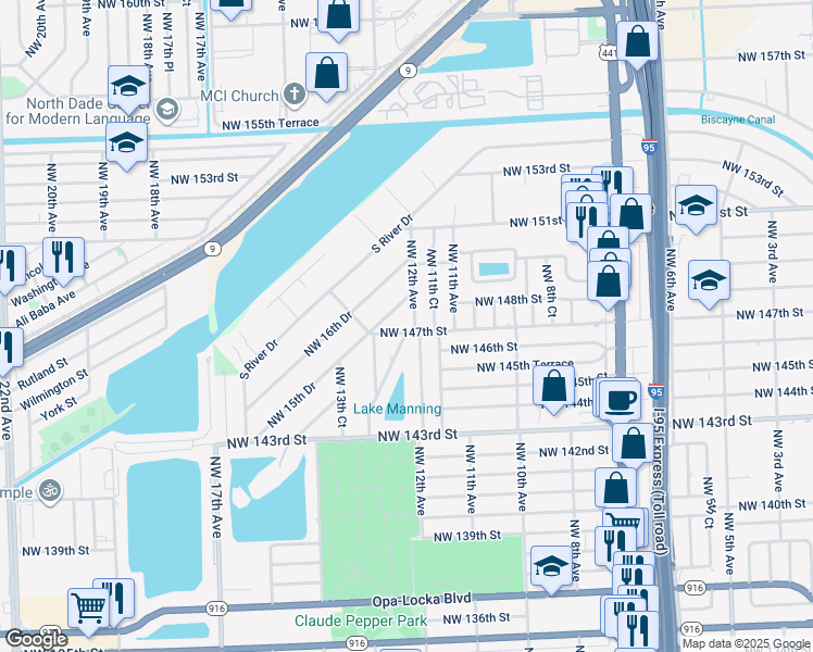 map of restaurants, bars, coffee shops, grocery stores, and more near 14720 Northwest 12th Avenue in Miami