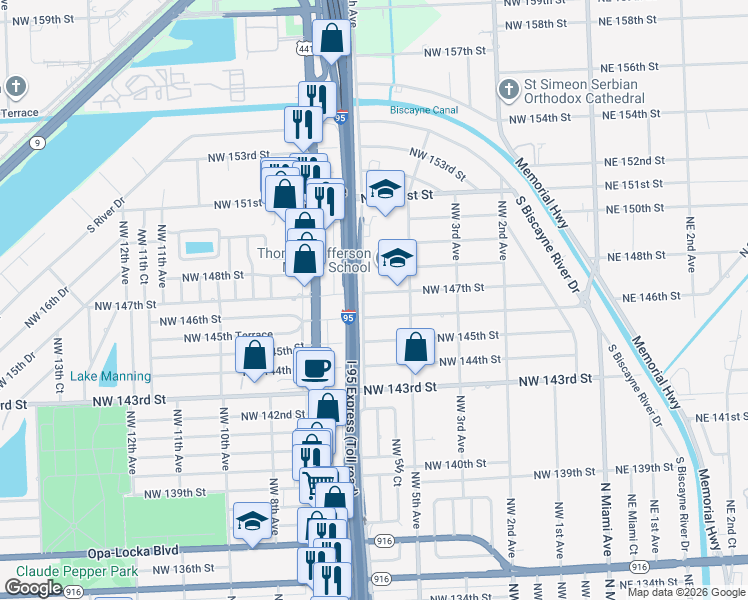 map of restaurants, bars, coffee shops, grocery stores, and more near 14625 Northwest 6th Avenue in Miami