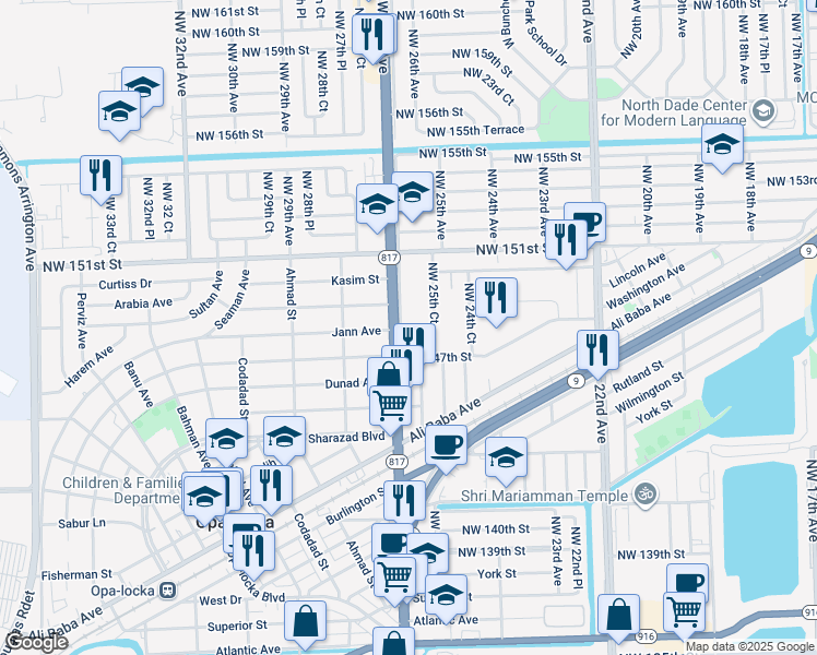 map of restaurants, bars, coffee shops, grocery stores, and more near 14803 Northwest 27th Avenue in Opa-locka