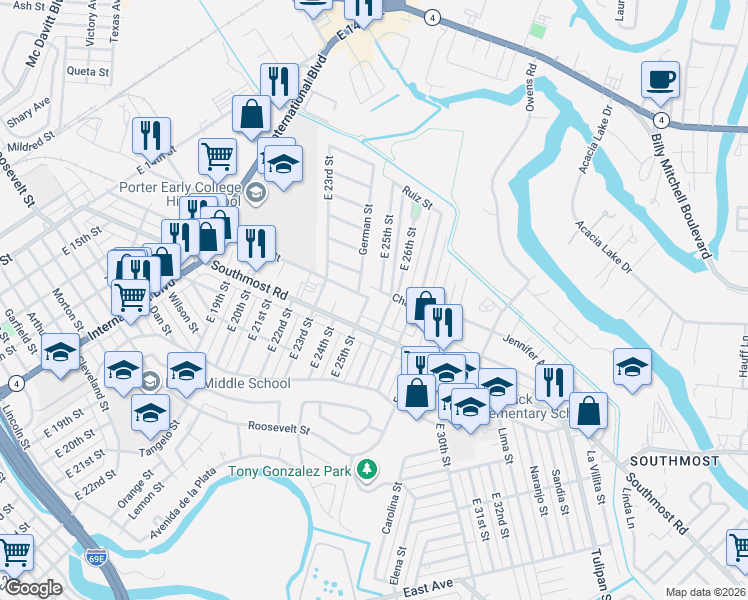 map of restaurants, bars, coffee shops, grocery stores, and more near 2534 Chaparral Street in Brownsville