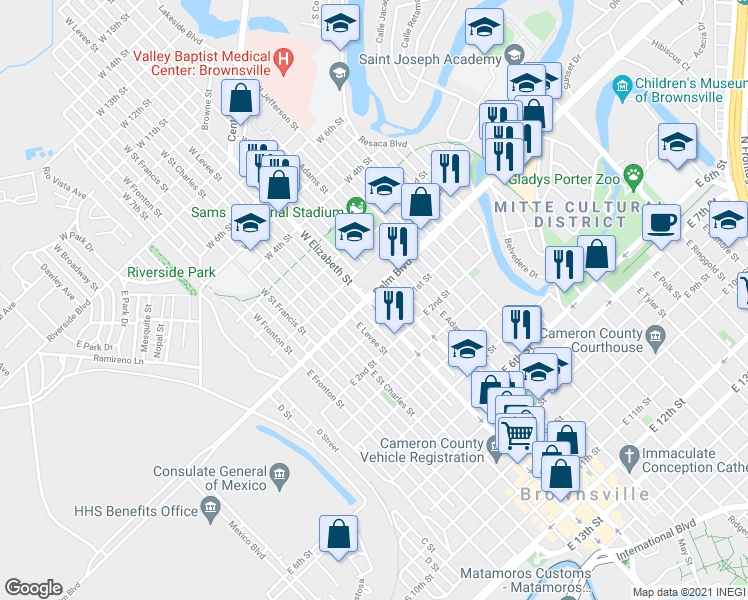 map of restaurants, bars, coffee shops, grocery stores, and more near 5 East Elizabeth Street in Brownsville