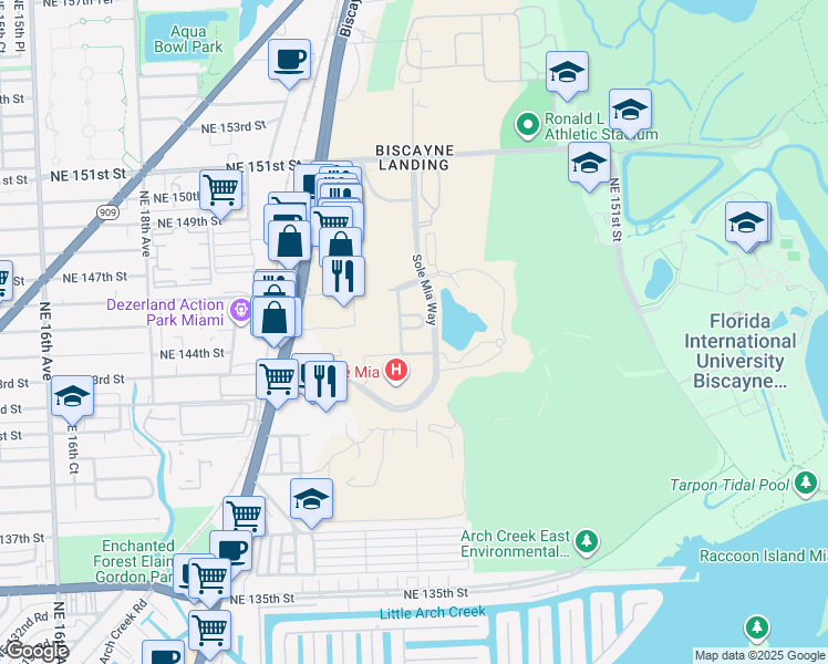 map of restaurants, bars, coffee shops, grocery stores, and more near 2200 Sole Mia Square Lane in North Miami
