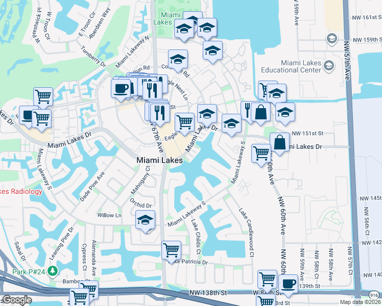 map of restaurants, bars, coffee shops, grocery stores, and more near 6470 Miami Lakes Drive in Hialeah
