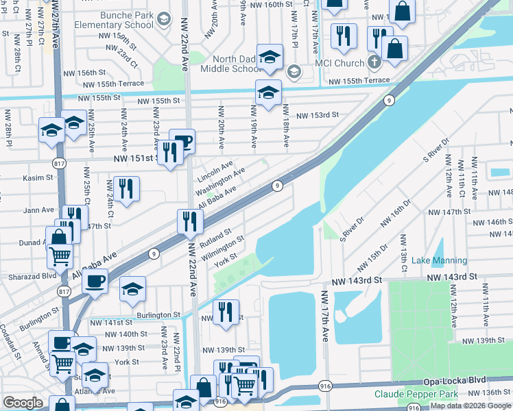 map of restaurants, bars, coffee shops, grocery stores, and more near 1940 Service Road in Opa-locka