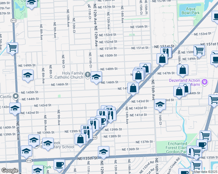 map of restaurants, bars, coffee shops, grocery stores, and more near 1290 Northeast 146th Street in Miami