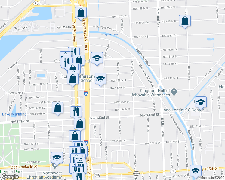 map of restaurants, bars, coffee shops, grocery stores, and more near 340 Northwest 147th Street in Miami