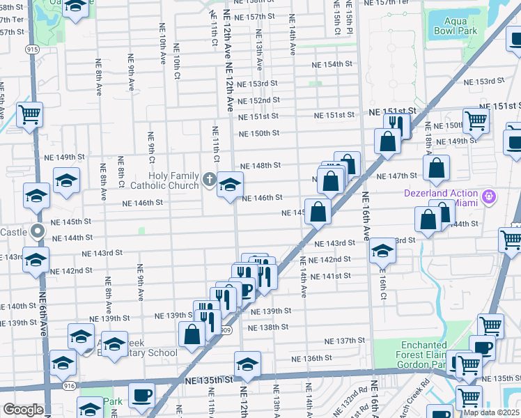 map of restaurants, bars, coffee shops, grocery stores, and more near 1290 Northeast 146th Street in Miami