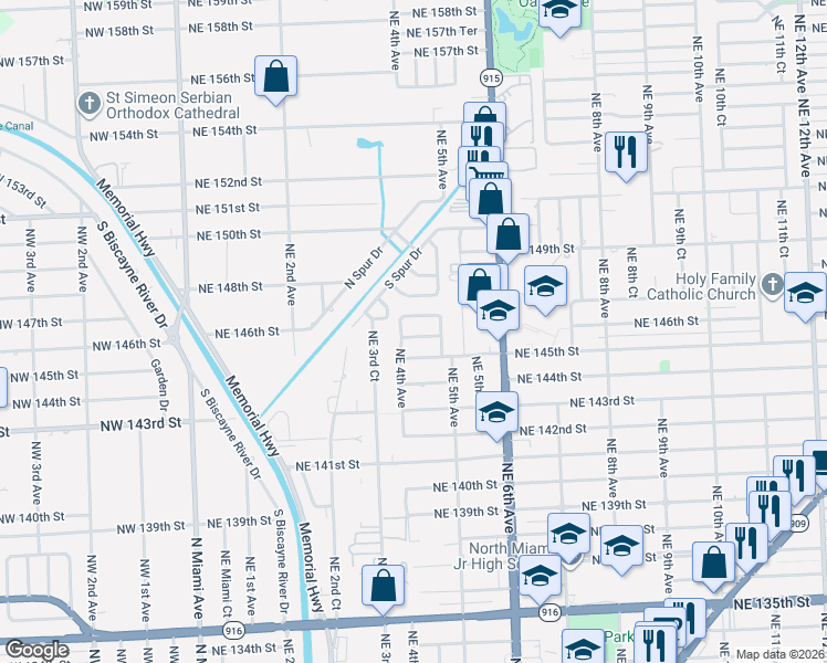 map of restaurants, bars, coffee shops, grocery stores, and more near 14615 Northeast 4th Avenue in North Miami