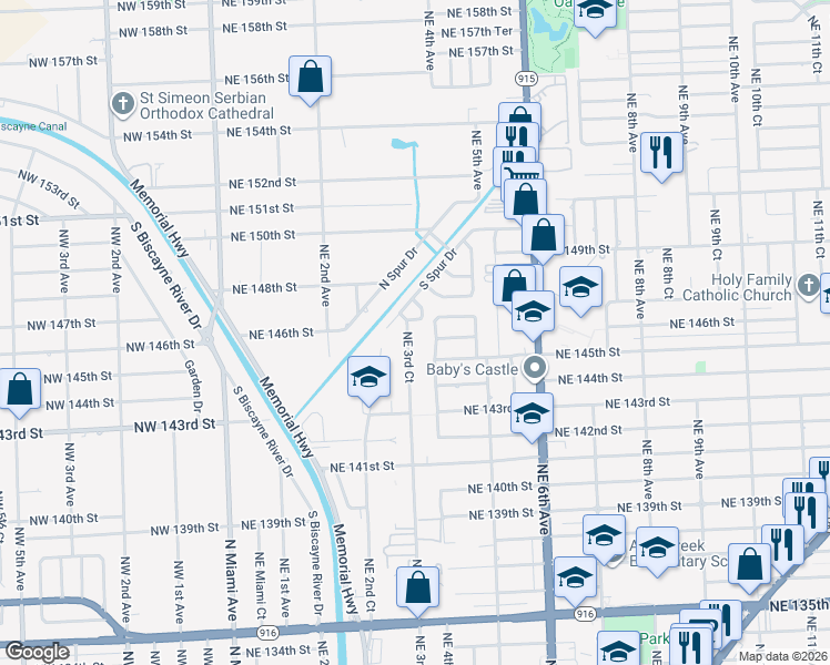 map of restaurants, bars, coffee shops, grocery stores, and more near 14615 Northeast 4th Avenue in North Miami