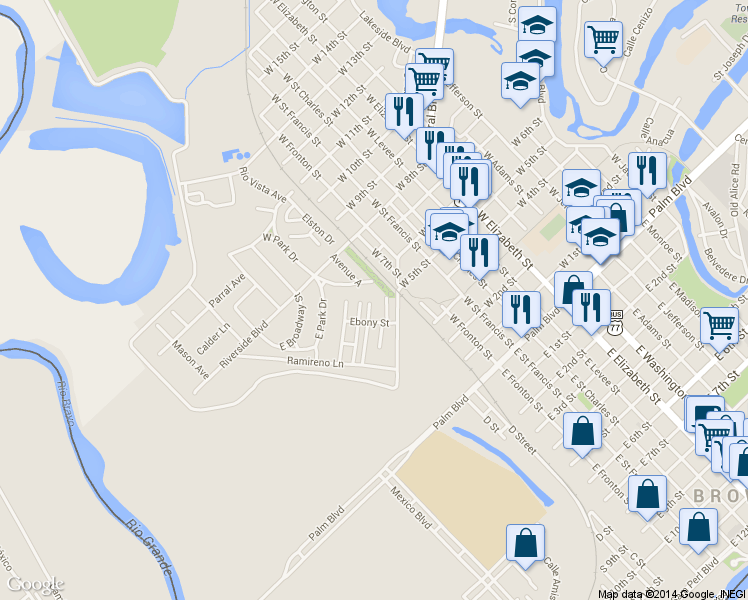 map of restaurants, bars, coffee shops, grocery stores, and more near 358 Granjeno Avenue in Brownsville