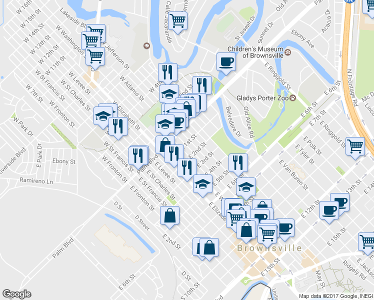 map of restaurants, bars, coffee shops, grocery stores, and more near 124 East Adams Street in Brownsville