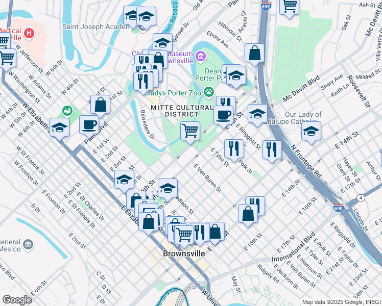 map of restaurants, bars, coffee shops, grocery stores, and more near 600 East Harrison Street in Brownsville