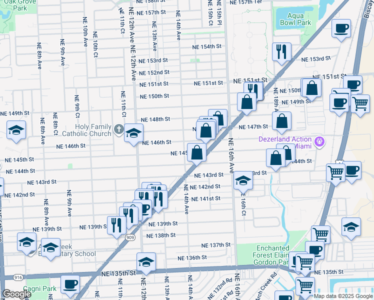 map of restaurants, bars, coffee shops, grocery stores, and more near 1453 Northeast 145th Street in North Miami