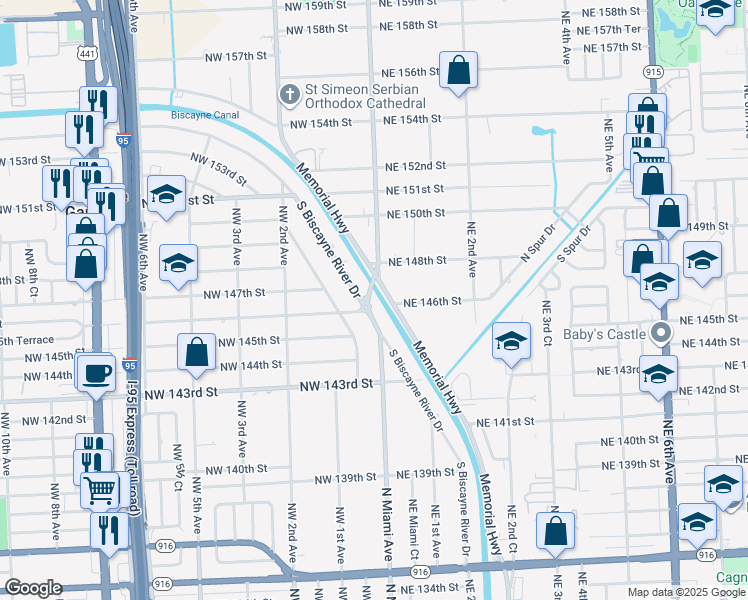 map of restaurants, bars, coffee shops, grocery stores, and more near 14663 Memorial Highway in Miami