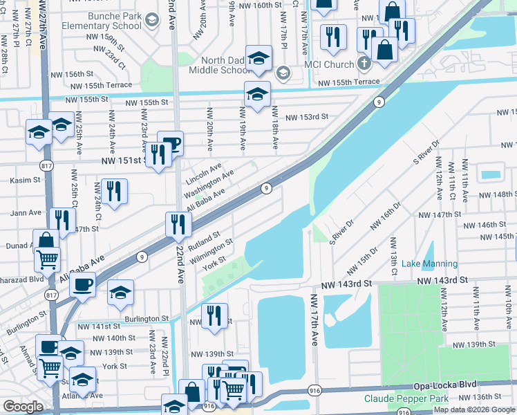 map of restaurants, bars, coffee shops, grocery stores, and more near 1871 Rutland Street in Opa-locka