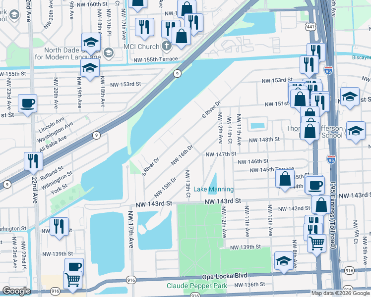 map of restaurants, bars, coffee shops, grocery stores, and more near 14730 Northwest 16th Drive in Miami