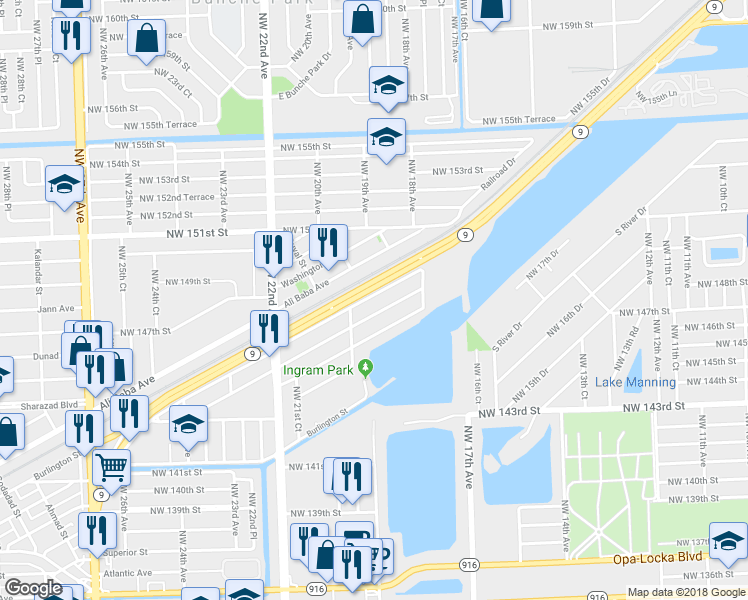 map of restaurants, bars, coffee shops, grocery stores, and more near 1940 Service Road in Opa-locka