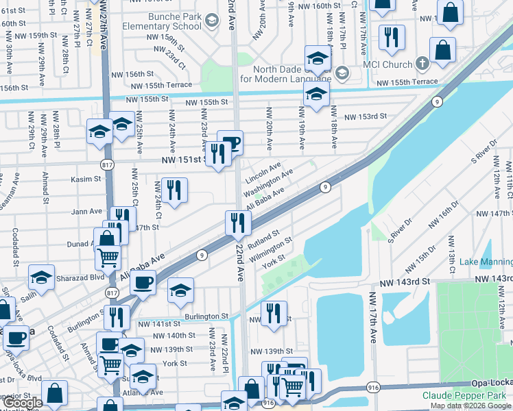 map of restaurants, bars, coffee shops, grocery stores, and more near 2140 Ali Baba Avenue in Opa-locka