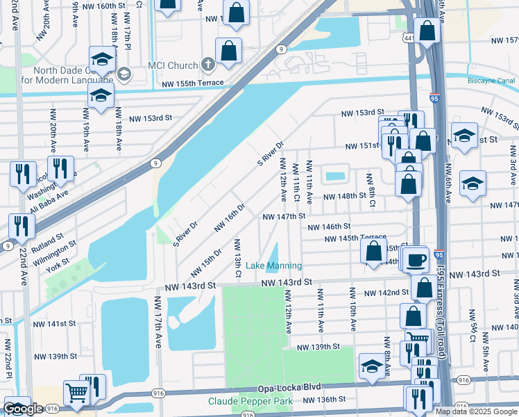 map of restaurants, bars, coffee shops, grocery stores, and more near 14720 Northwest 15th Drive in Miami