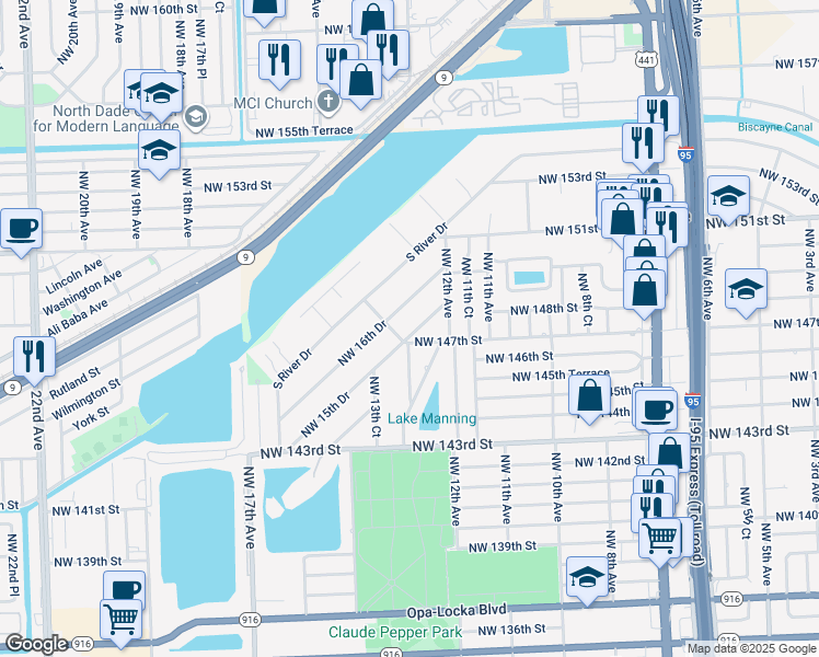 map of restaurants, bars, coffee shops, grocery stores, and more near 14720 Northwest 15th Drive in Miami