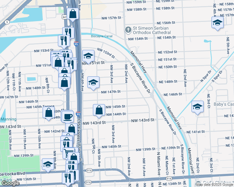 map of restaurants, bars, coffee shops, grocery stores, and more near 270 Northwest 147th Street in Miami