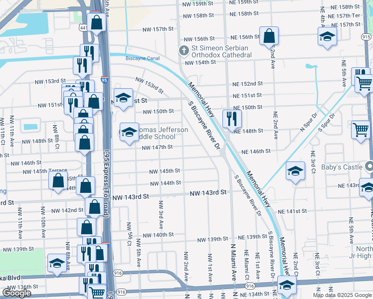 map of restaurants, bars, coffee shops, grocery stores, and more near 186 Northwest 147th Street in Miami