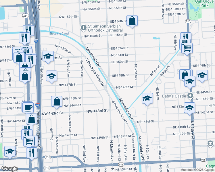 map of restaurants, bars, coffee shops, grocery stores, and more near 4675 South Biscayne River Drive in Miami