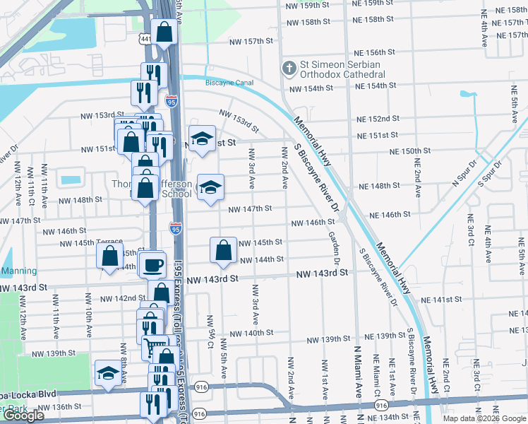 map of restaurants, bars, coffee shops, grocery stores, and more near 270 Northwest 147th Street in Miami