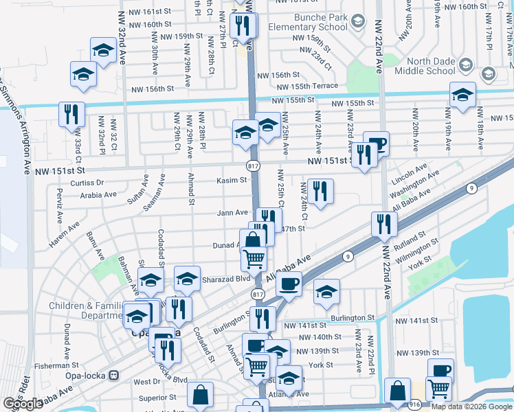 map of restaurants, bars, coffee shops, grocery stores, and more near in Opa-locka