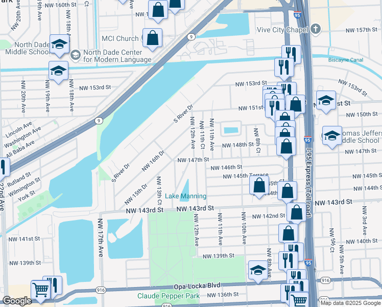 map of restaurants, bars, coffee shops, grocery stores, and more near 14720 Northwest 12th Avenue in Miami