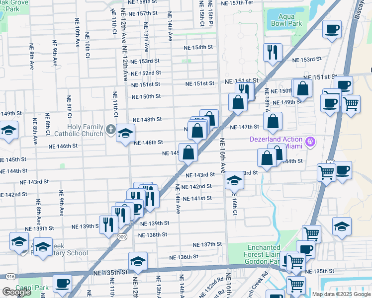 map of restaurants, bars, coffee shops, grocery stores, and more near 1453 NE 145th St in North Miami