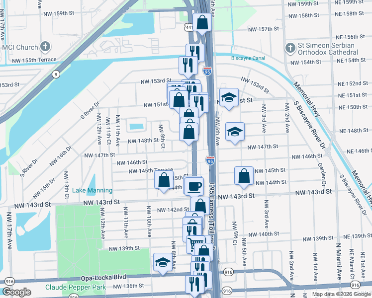 map of restaurants, bars, coffee shops, grocery stores, and more near 731 Northwest 147th Street in Miami