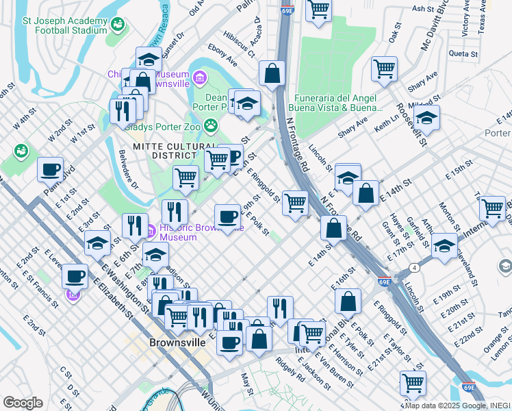 map of restaurants, bars, coffee shops, grocery stores, and more near 926 East Taylor Street in Brownsville