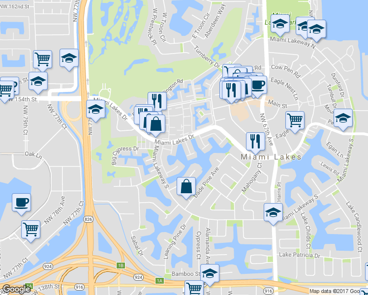map of restaurants, bars, coffee shops, grocery stores, and more near 7152 Laurel Lane in Miami Lakes